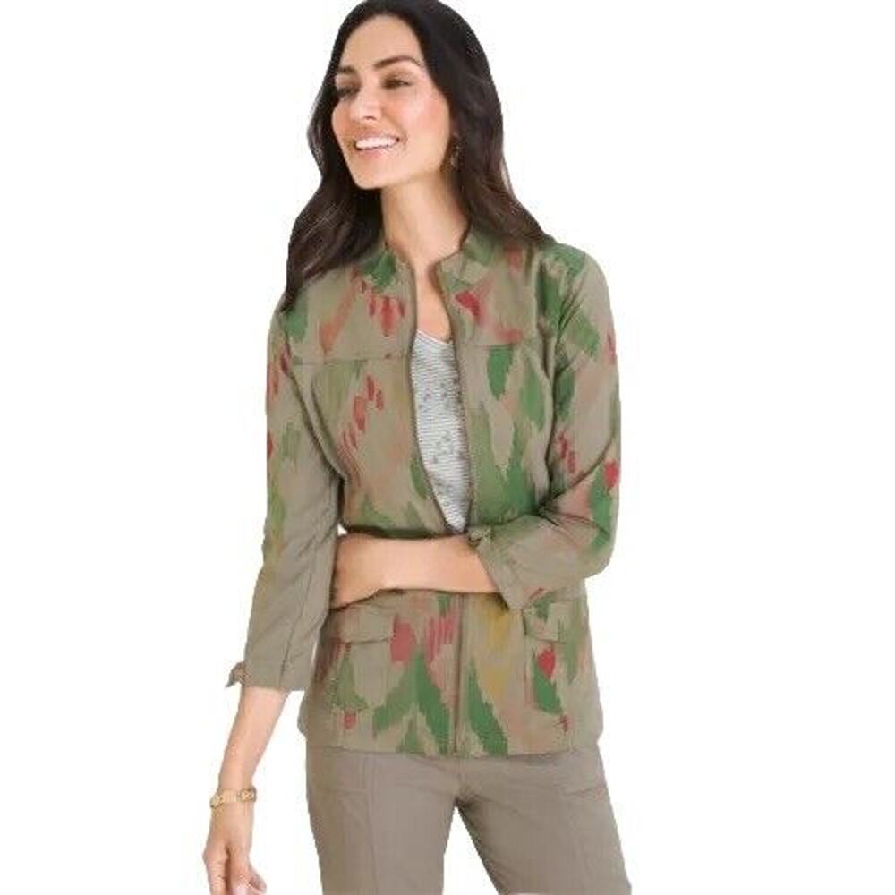 Chicos Zenergy Jacket Womens 0 Small Green Ikat Utility Zip Up Tie 3/4 Sleeve